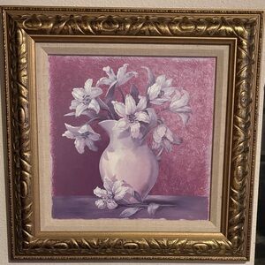 Elegant Floral Painting Signed by Artist Viv in Ornate Gold Professional Frame
